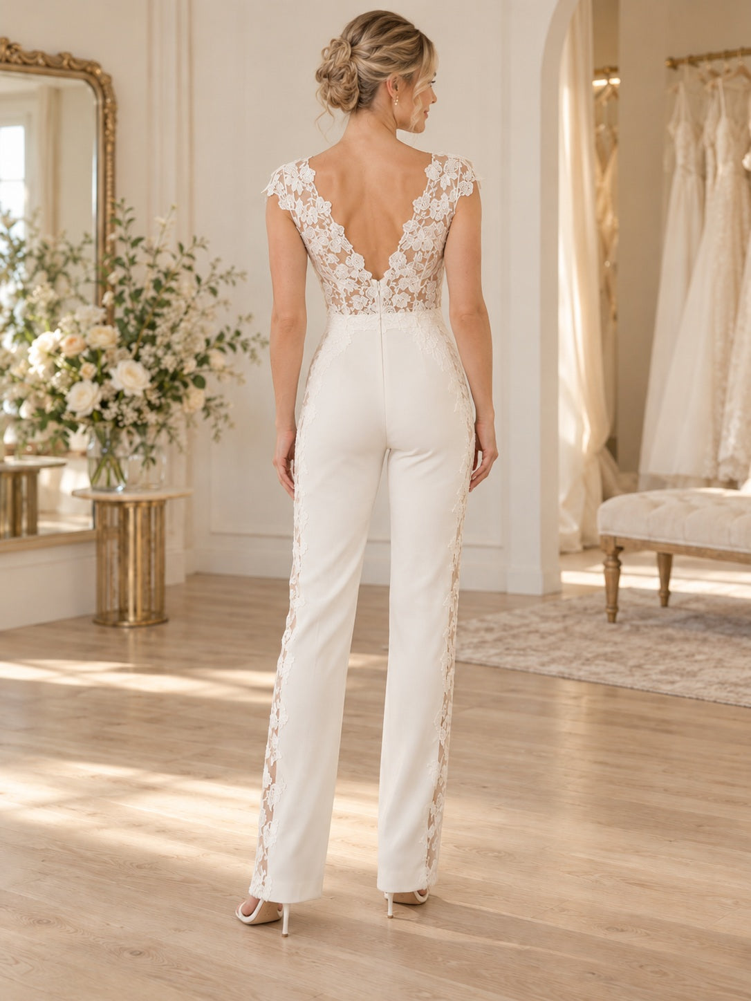 Floral Lace Deep V Neck Cap Sleeve Side Trim Slim Ankle Length Tailored Bridal Jumpsuit — image 2, style 375513