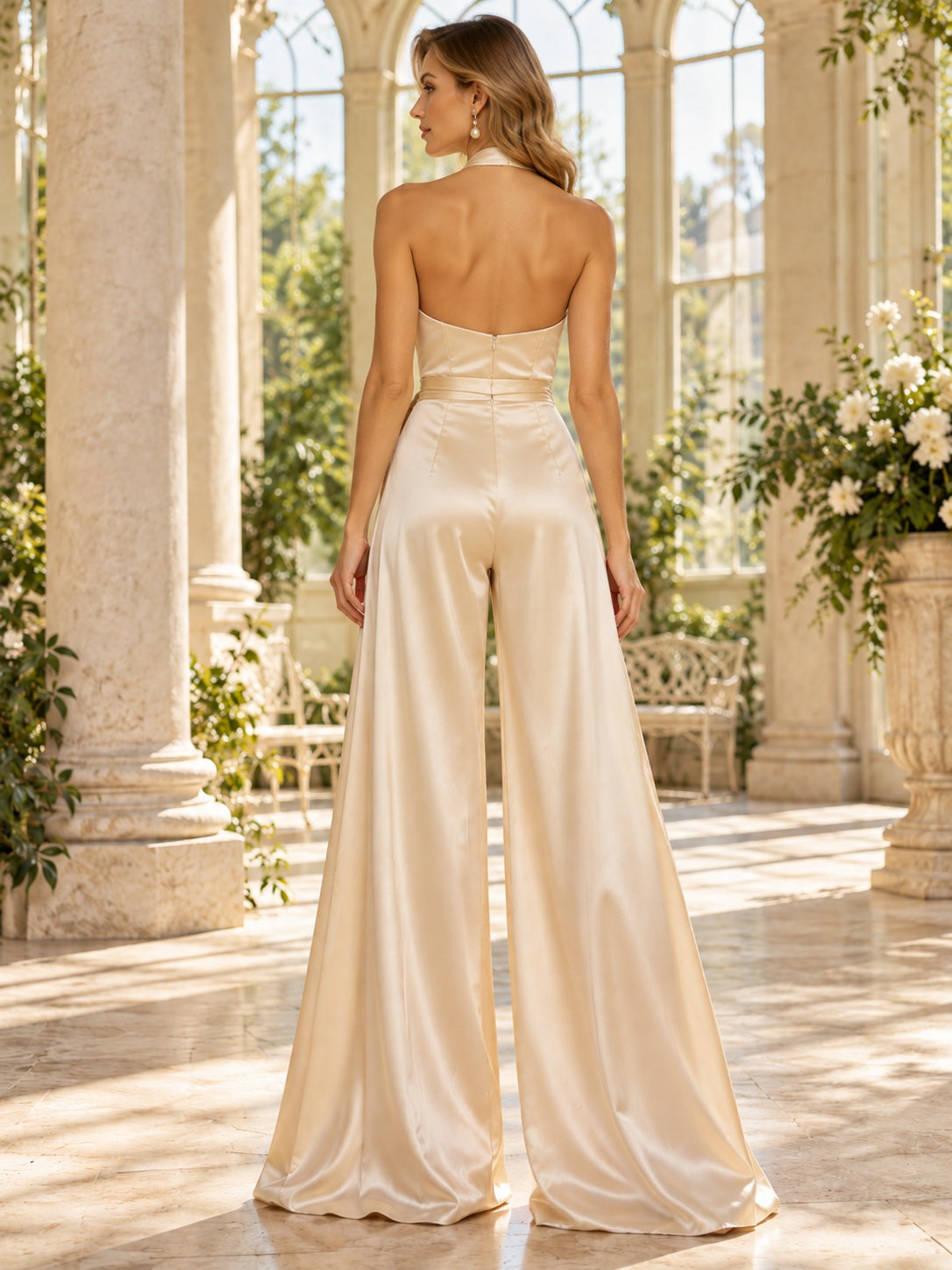 Vintage Halter V Neck Champagne Satin Sashed Wide Leg Elegant Bridal Jumpsuit — image 2, style 375533