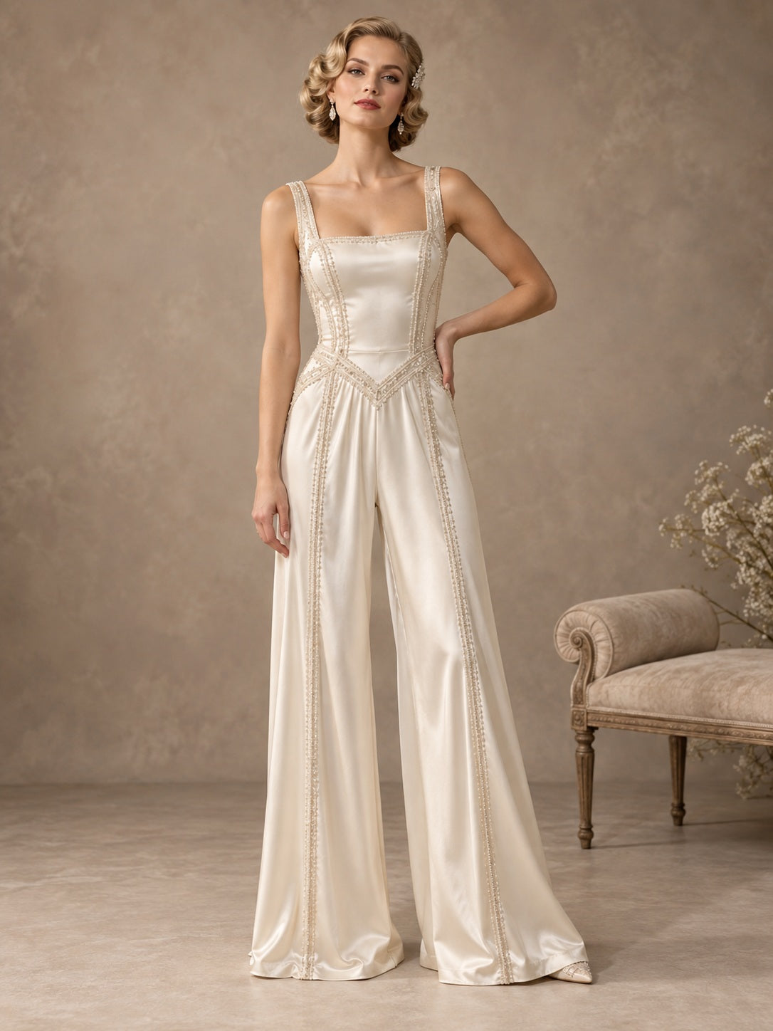 Combinaison de mariée élégante vintage ajustée à jambes larges, en satin, à encolure carrée et bretelles ornées de perles