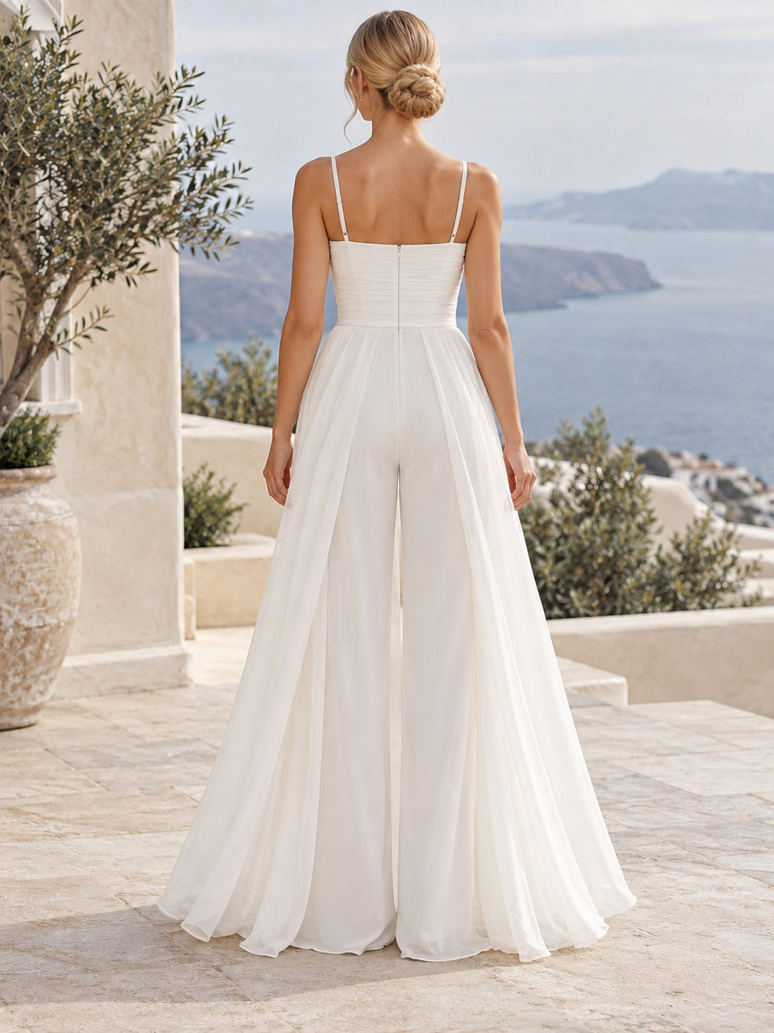 Casual Simple Square Neck Spaghetti Chiffon Pleated Flowing Overskirt Bridal Jumpsuit — image 2, style 375538