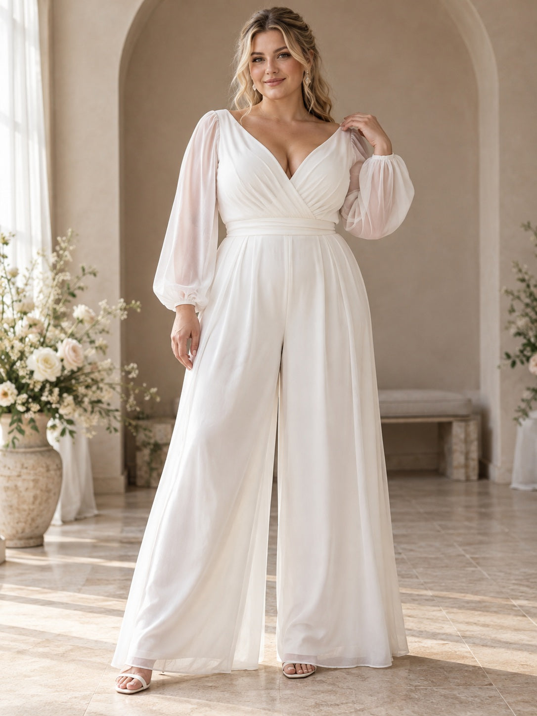 Plus Size Long Sleeve V Neck Chiffon Pleated Wide Leg Elegant Bridal Jumpsuit — image 1, style 375553