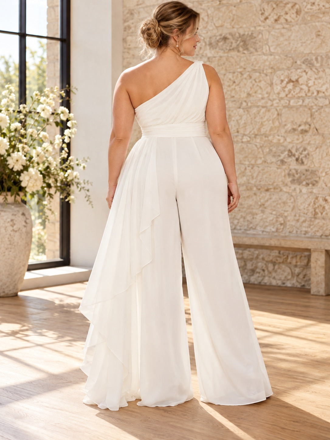 Plus Size One Shoulder Chiffon Pleated Side Draped Wide Leg Modern Bridal Jumpsuit — image 2, style 375554