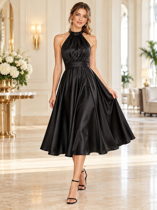 Black Halter Sleeveless Gathered Satin A-Line Tea-length Cocktail Dress