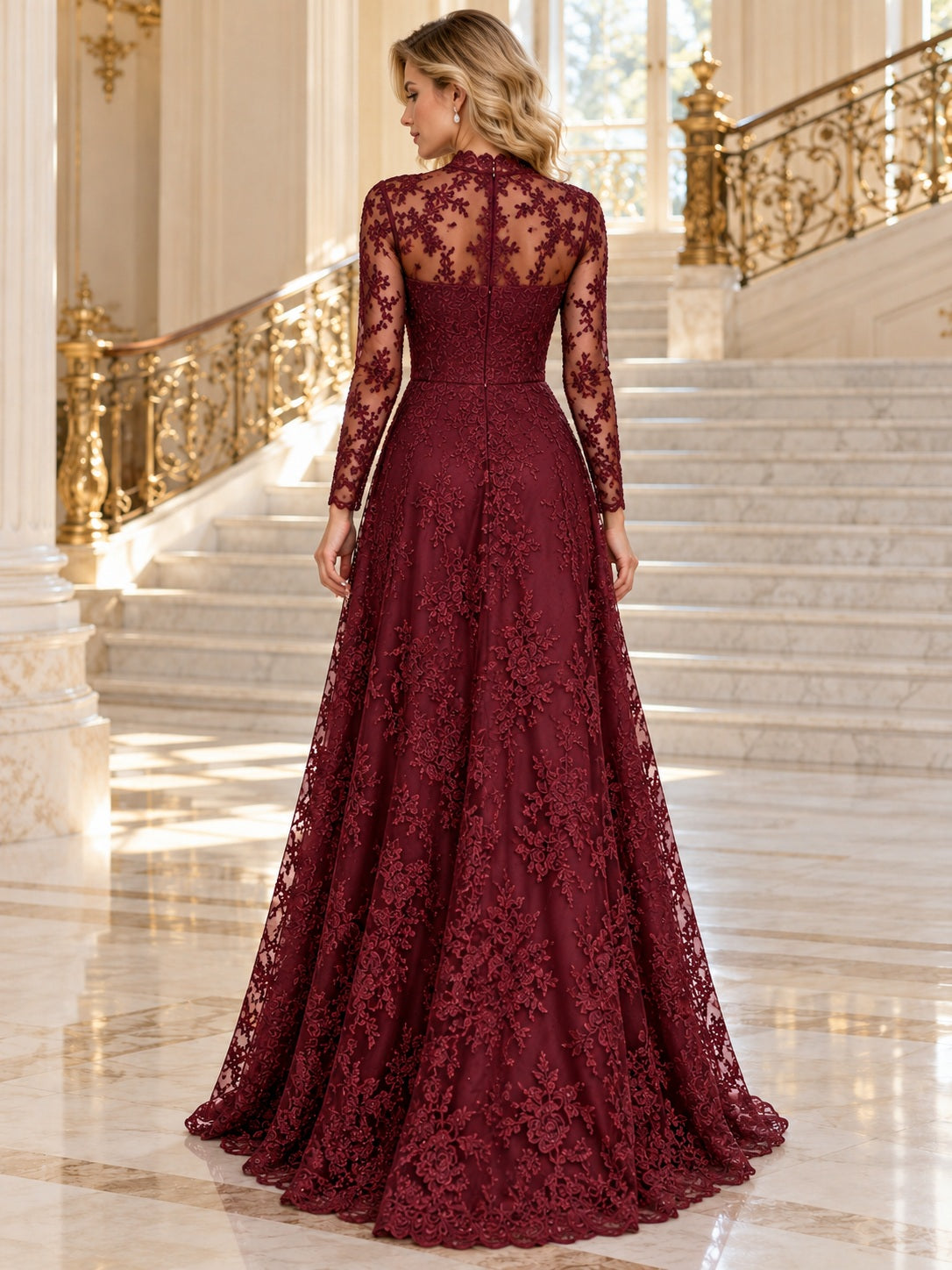 Long Sleeve High Neck Burgundy Floral Lace Evening Dress