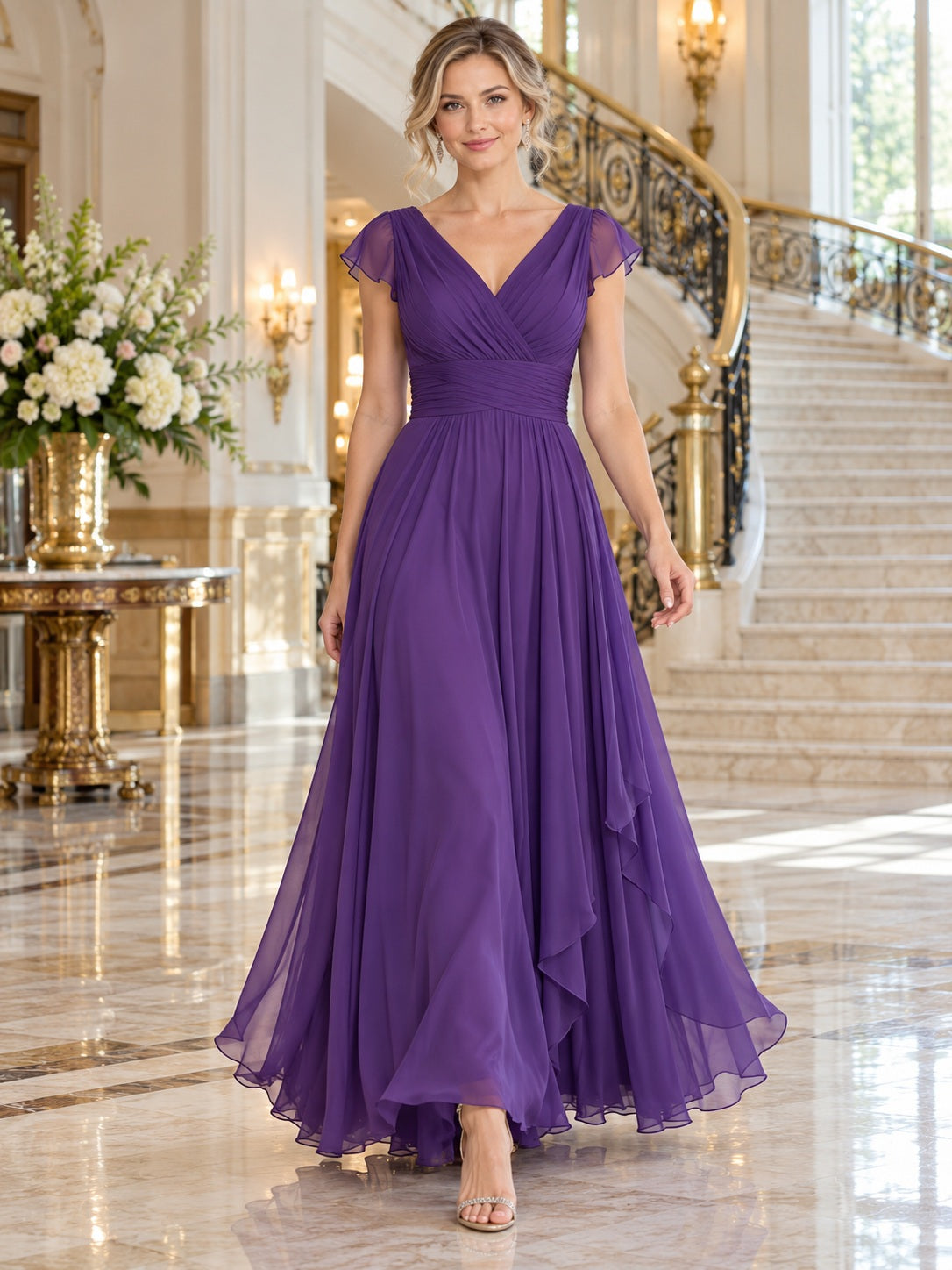 Ankle-length Purple V-neck Cap Sleeve Ruffled Chiffon Evening Dress