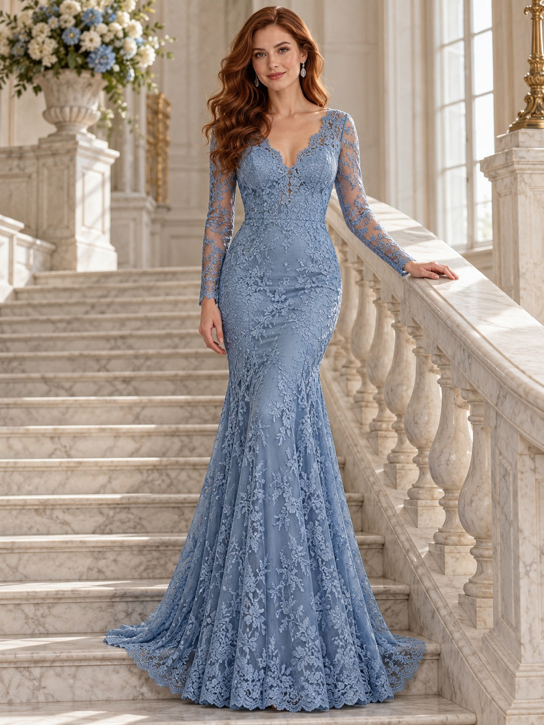 Long Sleeve Steel Blue Mermaid V-neck Lace Evening Dress