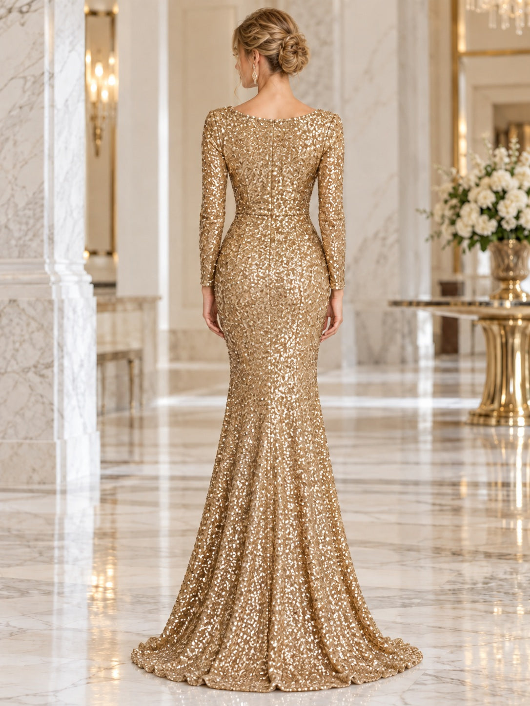 Long Sleeve Gold Mermaid Bateau Sequin Formal Evening Dress