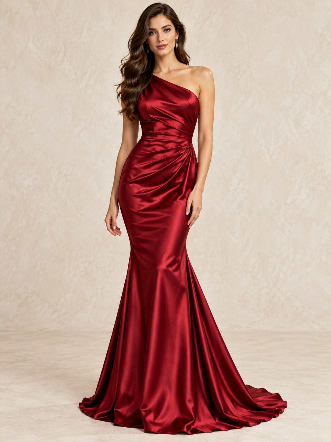 Langes rotes Meerjungfrauen-Abendkleid aus Satin mit One-Shoulder-Ausschnitt und Raffungen