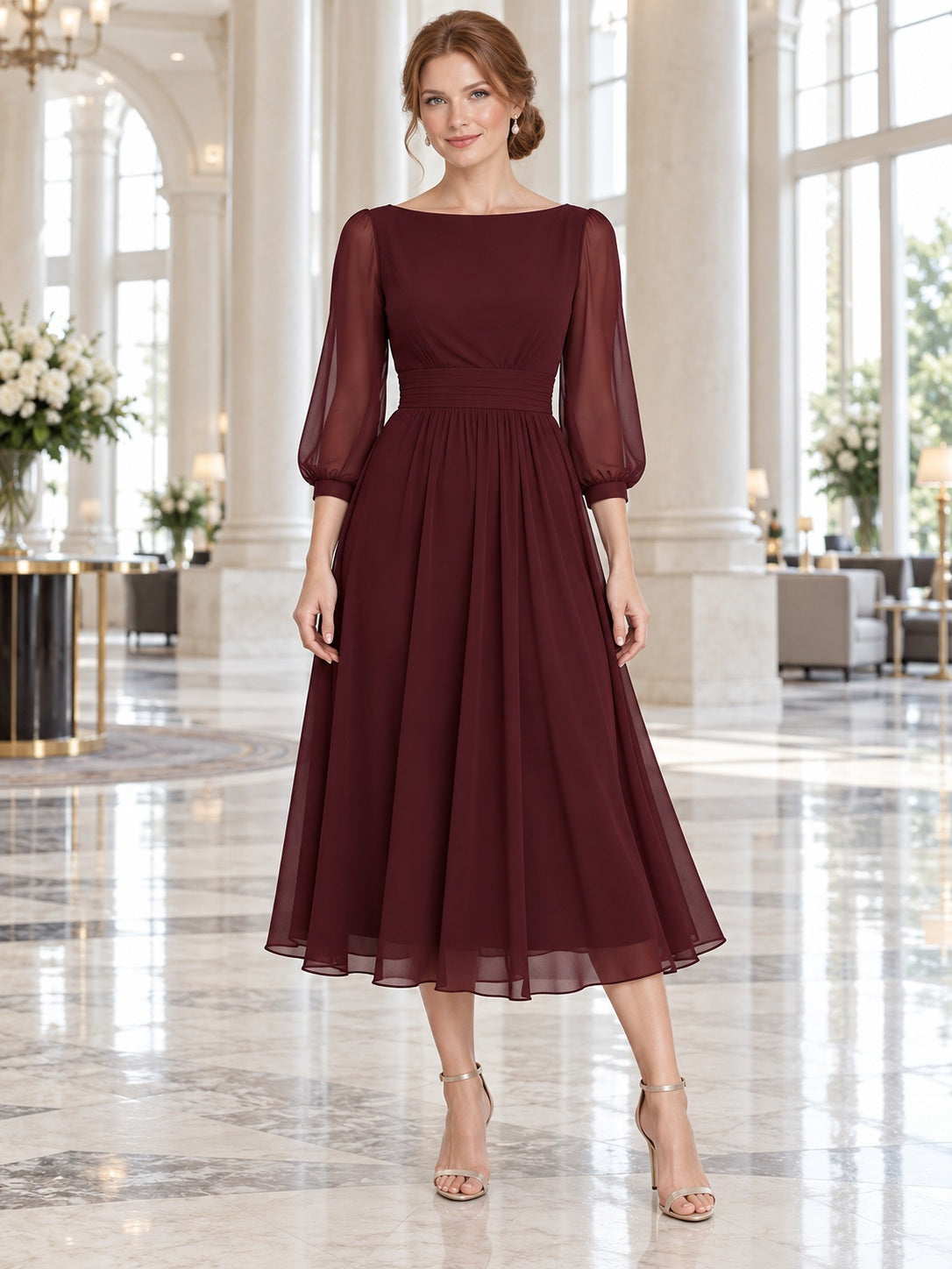 Vestido de gala de gasa en borgoña, línea A, escote barco, manga tres cuartos, largo a media pierna, estilo recatado