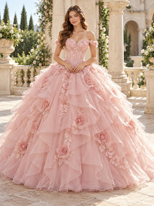 Rosa schulterfreies Ballkleid mit herzförmigem Ausschnitt, Rosen, kaskadierenden Rüschen und Tüll – Quinceañera-Kleid