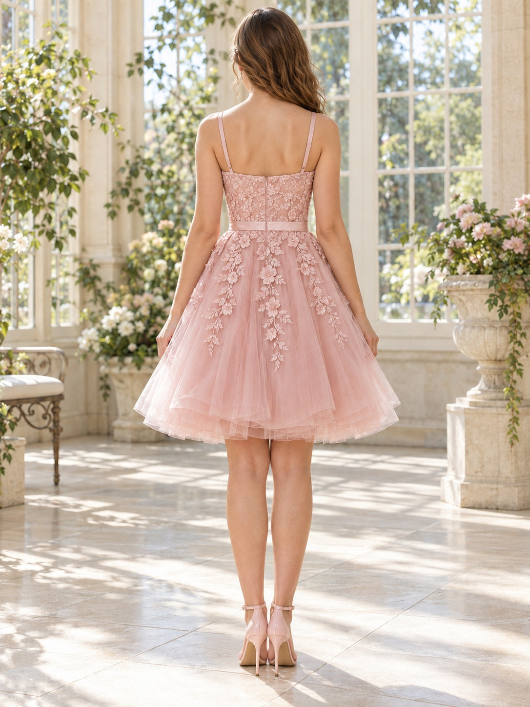 Knee Length Pink Spaghetti Sweetheart Floral Tulle Sweet 16 Dress, back view