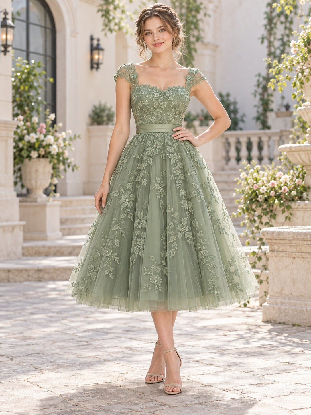 Vestido de invitada de encaje y tul en verde salvia, línea A, escote cuadrado, tirantes, manga corta, largo a media pierna
