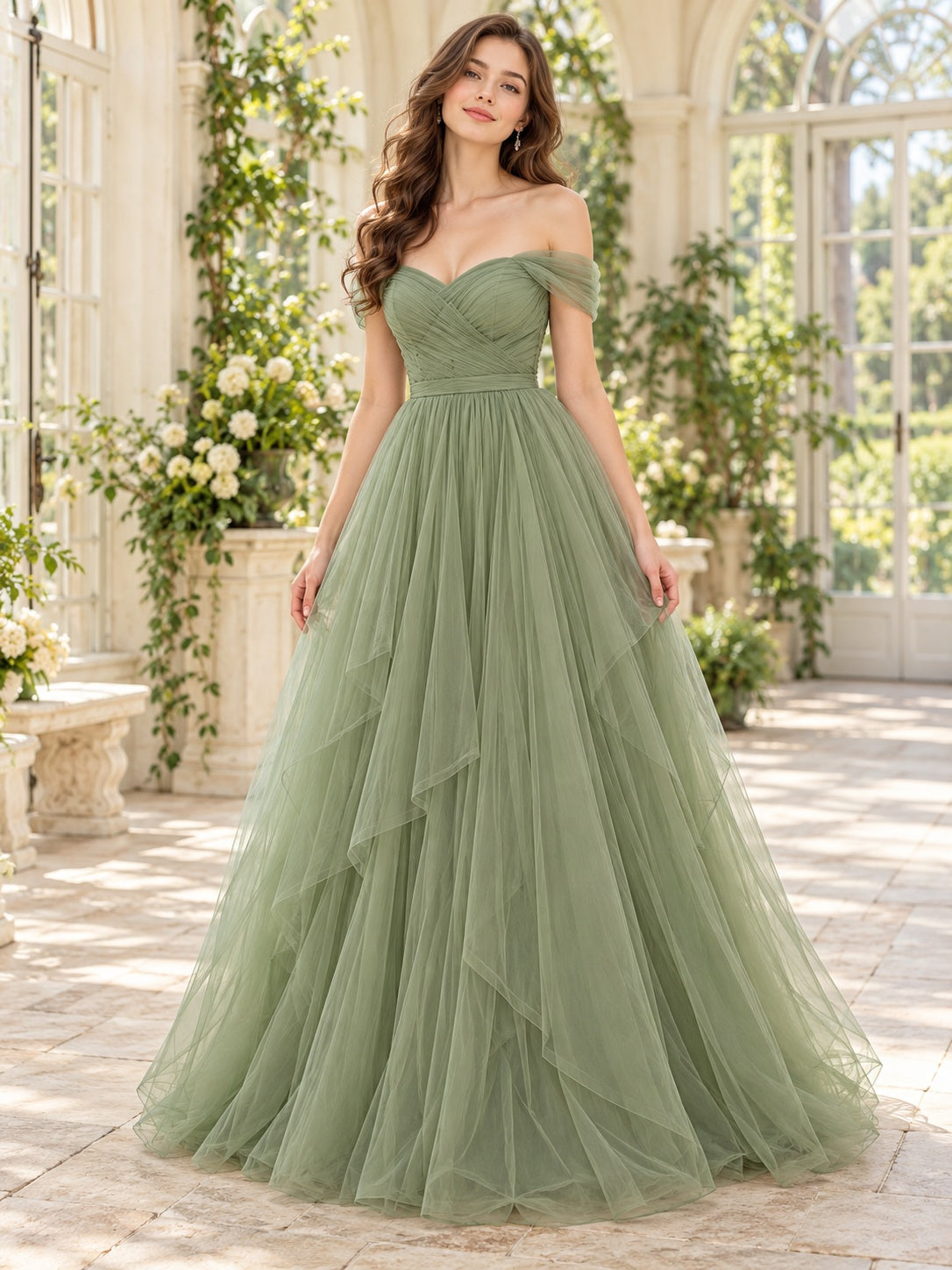 Sage Off Shoulder Sweetheart Layered Tulle Floor Length A-Line Prom Dress, front view