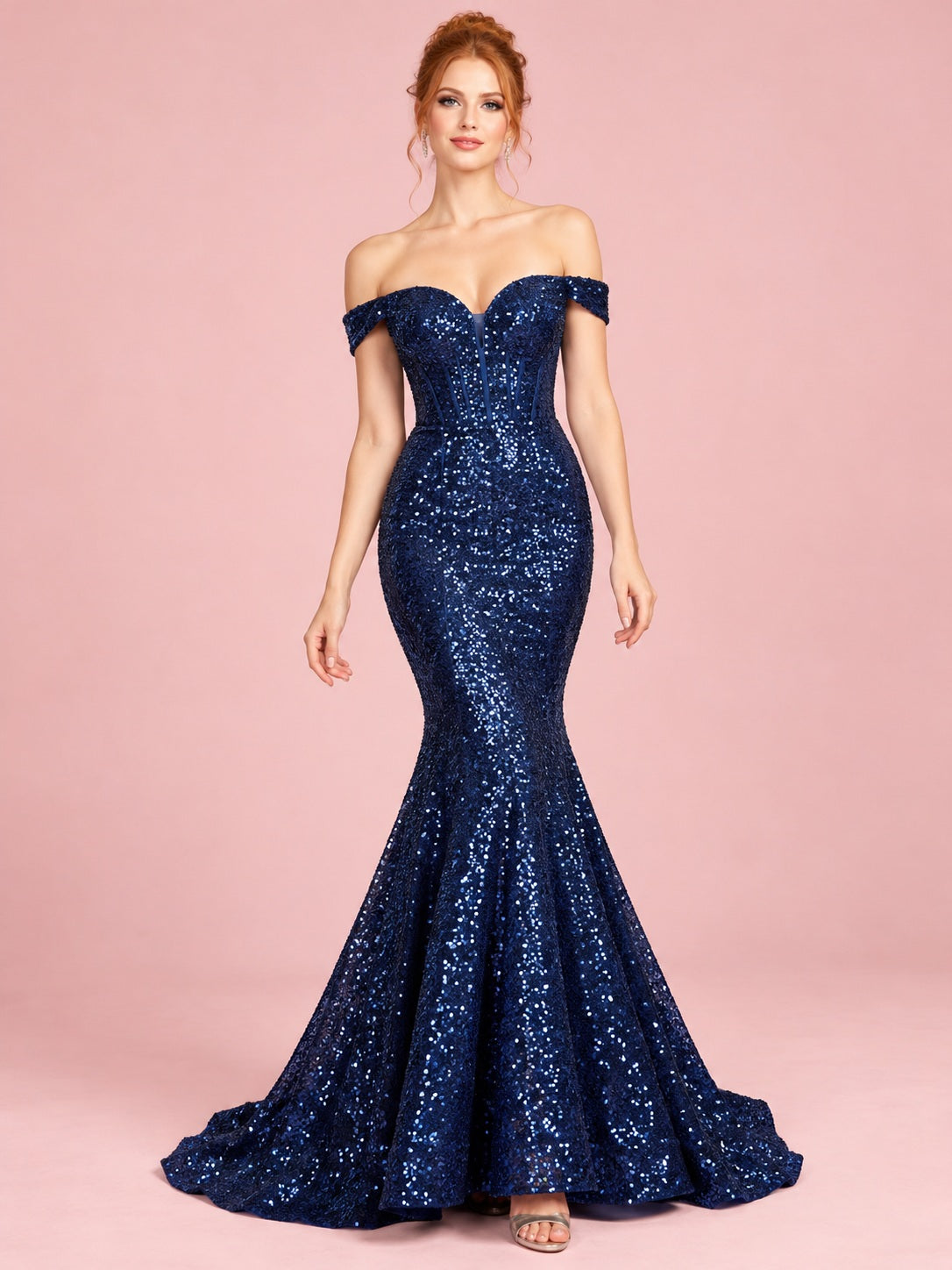 Mermaid Blue Off Shoulder Sweetheart Sequin Fitted Long Prom Dress, front view