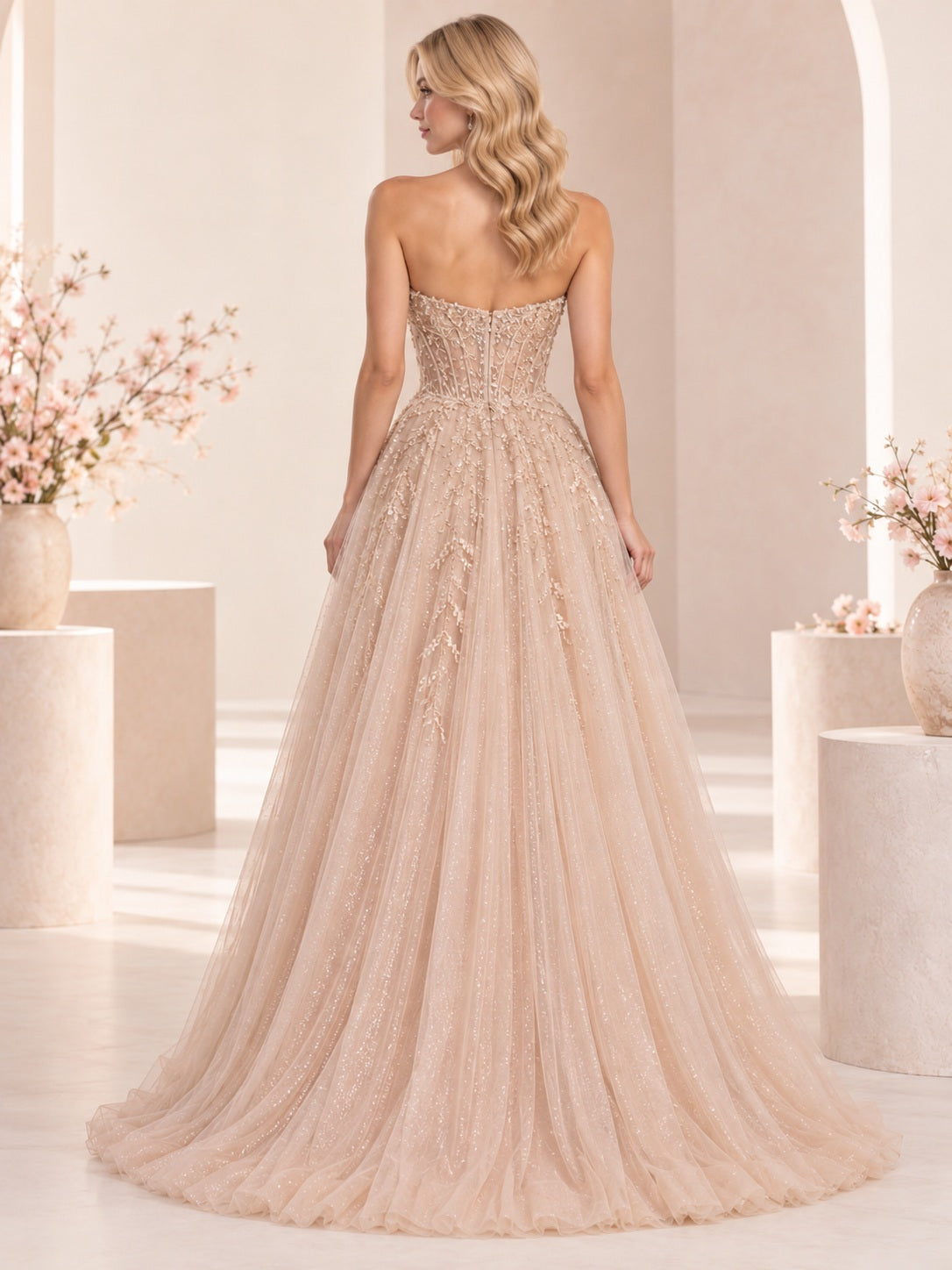 Nude Sweetheart Strapless Beaded Tulle Flowing A-line Long Prom Dress, back view