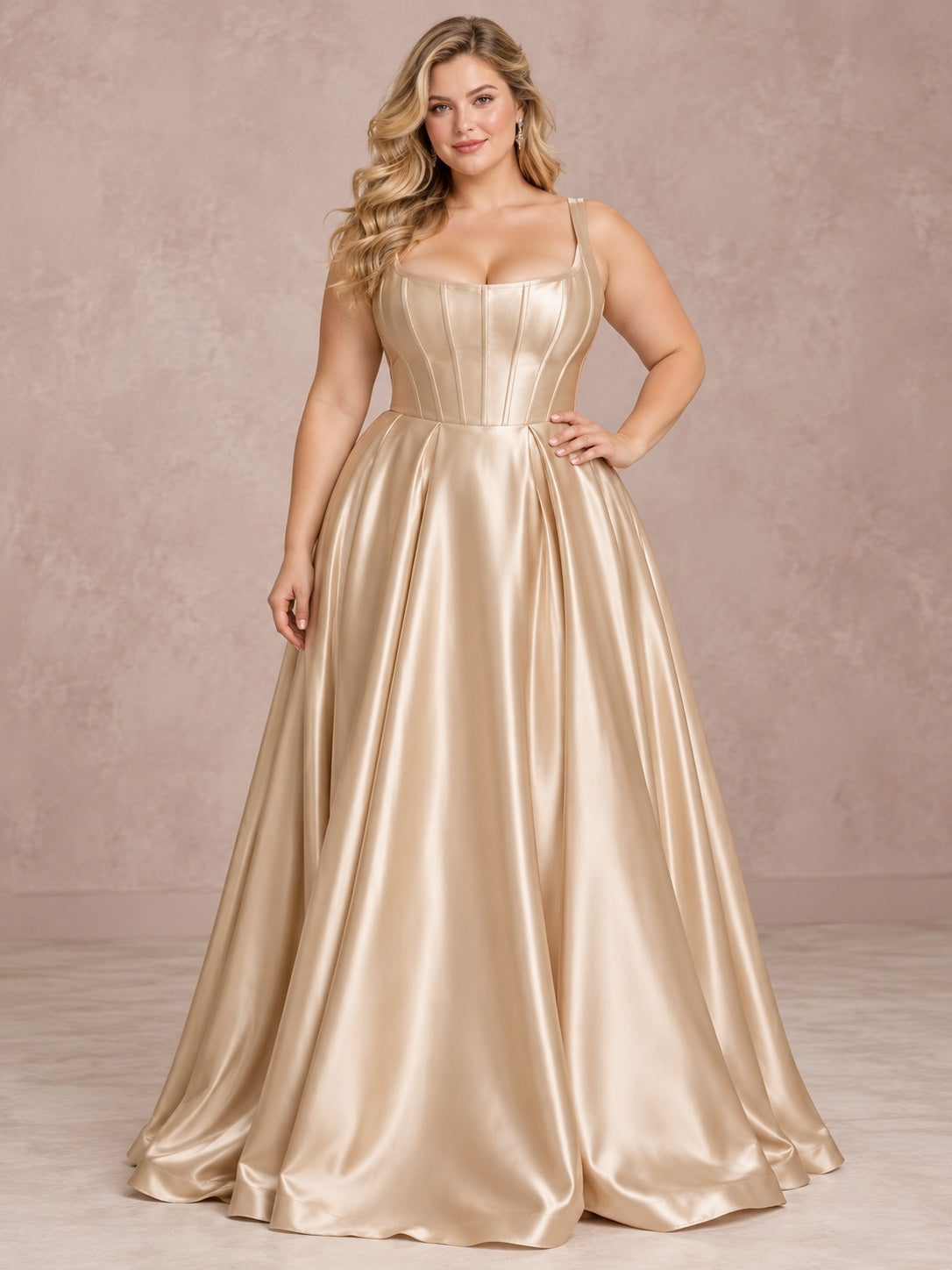 Plus Size Square Neck Champagne Satin Pleated Long Prom Dress, front view