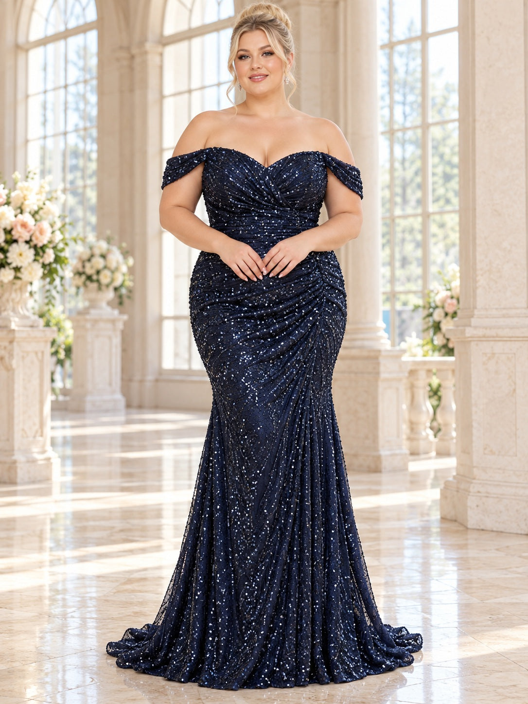 Plus Size Mermaid Navy Off Shoulder Ruched Sequin Prom Dress, front view
