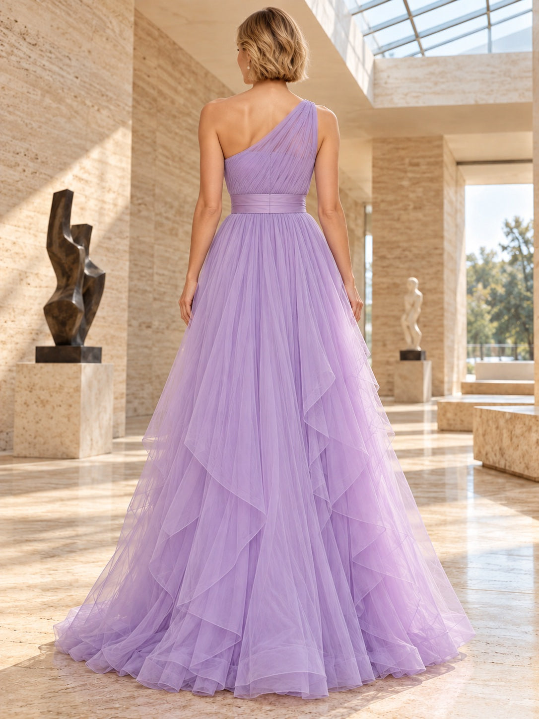 Lavender One-Shoulder Ruched Tulle Ruffled A-line Long Formal Prom Dress, back view