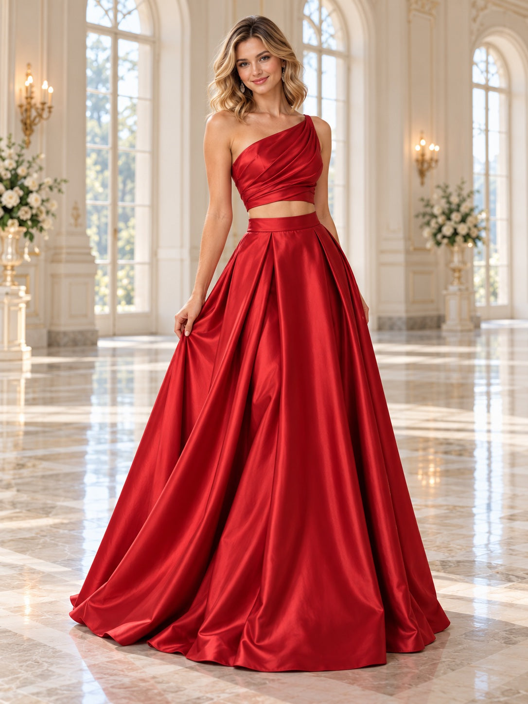 Two Piece Red One Shoulder Pleated Satin A-line Floor Length Prom Dress, front view