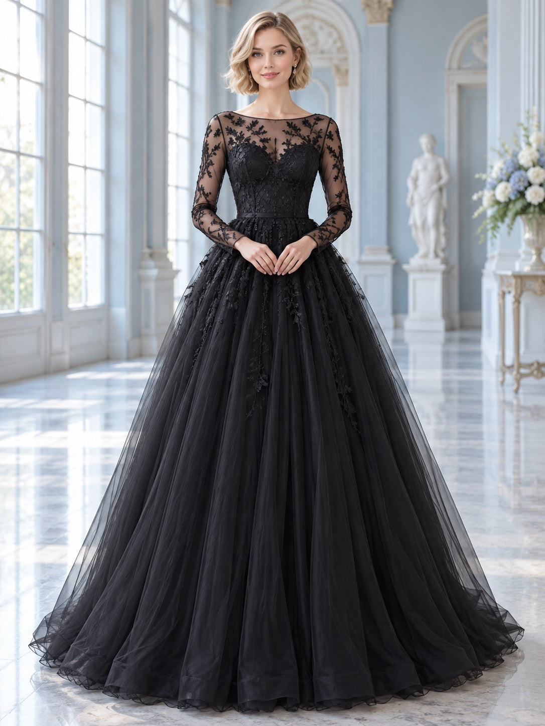 Vestido de graduación de encaje y tul en negro, línea A, escote barco, manga larga, cola corta