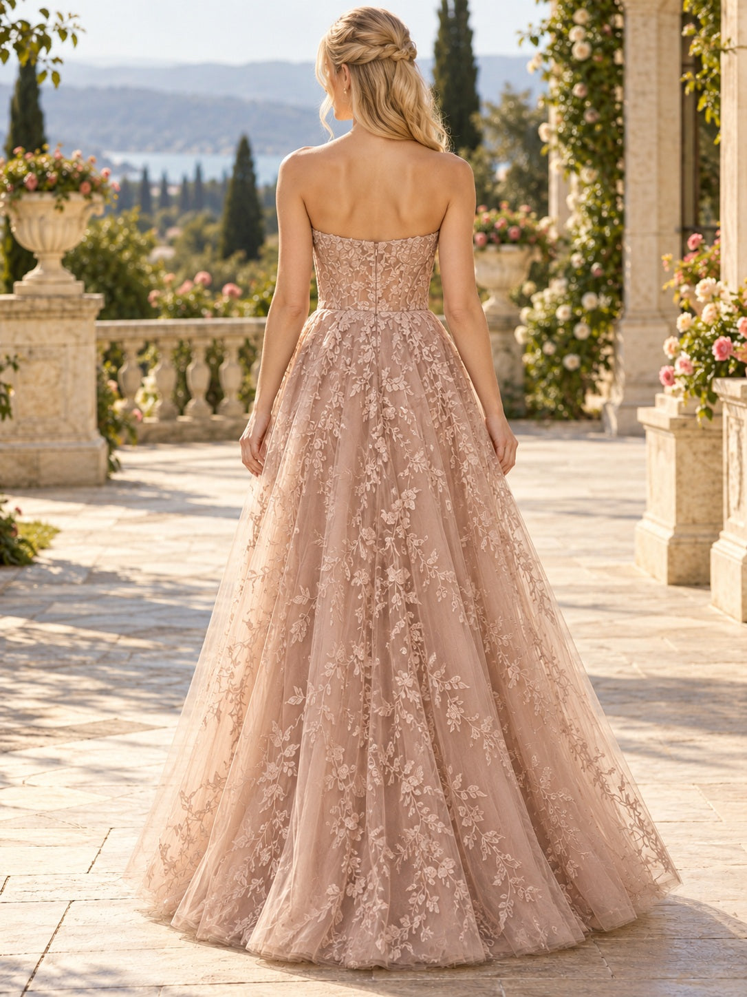 Champagne Strapless Sweetheart Floral Lace Tulle A-line Long Prom Dress, back view