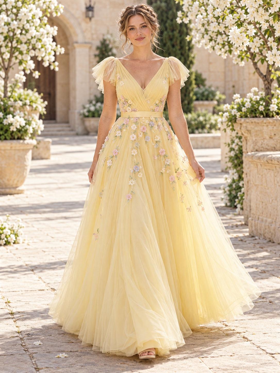 Vestido de graduación de tul y encaje en amarillo narciso, línea A, escote en V, manga corta, largo hasta el suelo