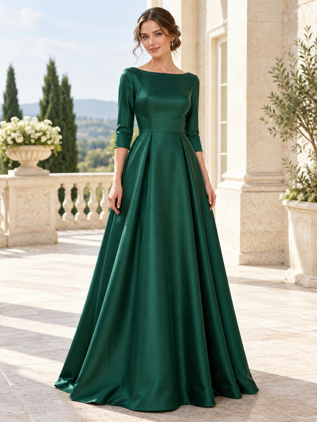 Vestido de graduación de satén en verde oscuro, línea A, escote barco, manga tres cuartos, largo hasta el suelo, estilo recatado