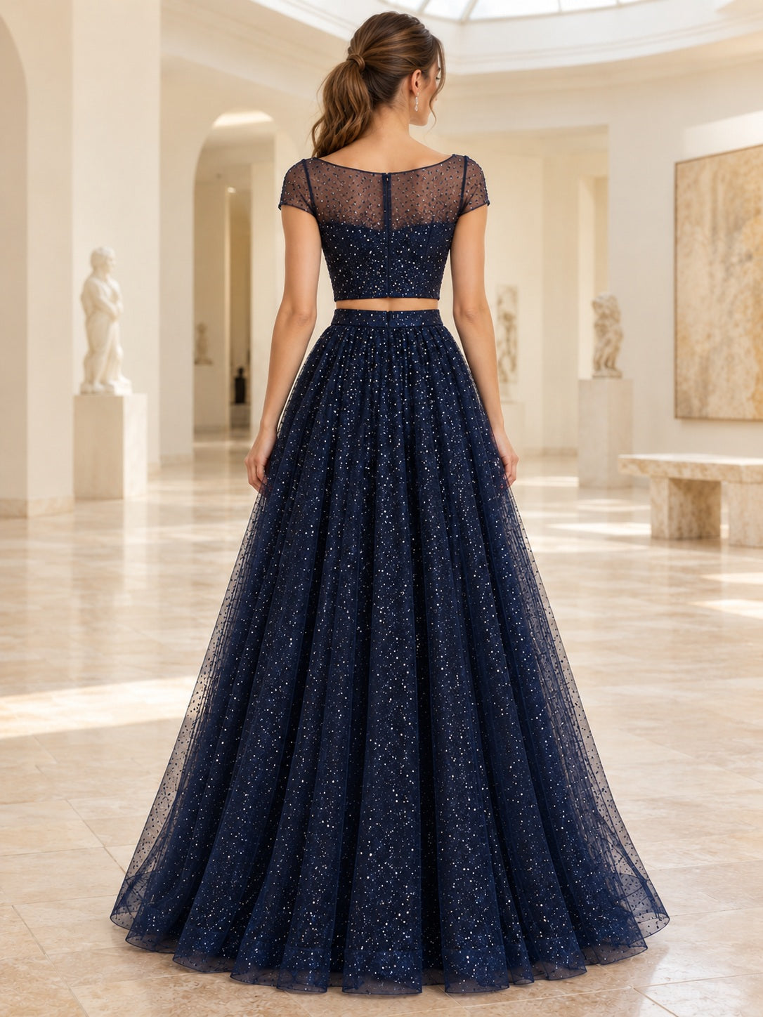 Two Piece Navy Bateau Sequin Tulle A-line Long Prom Dress, back view