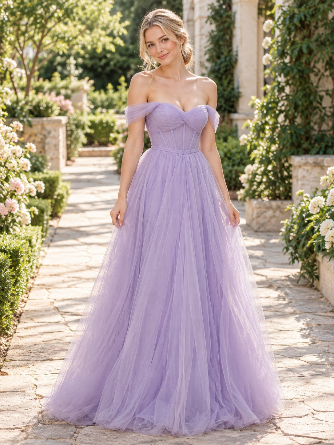Lilac Off Shoulder Sweetheart Tulle A-line Floor Length Prom Dress, front view