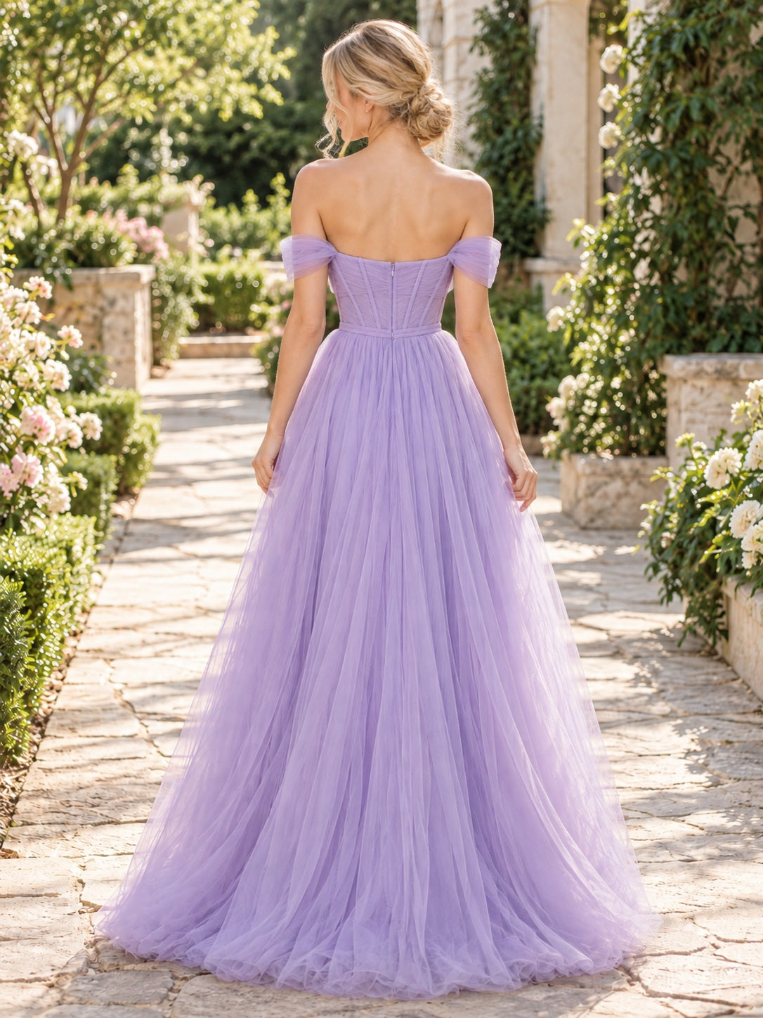 Lilac Off Shoulder Sweetheart Tulle A-line Floor Length Prom Dress, back view