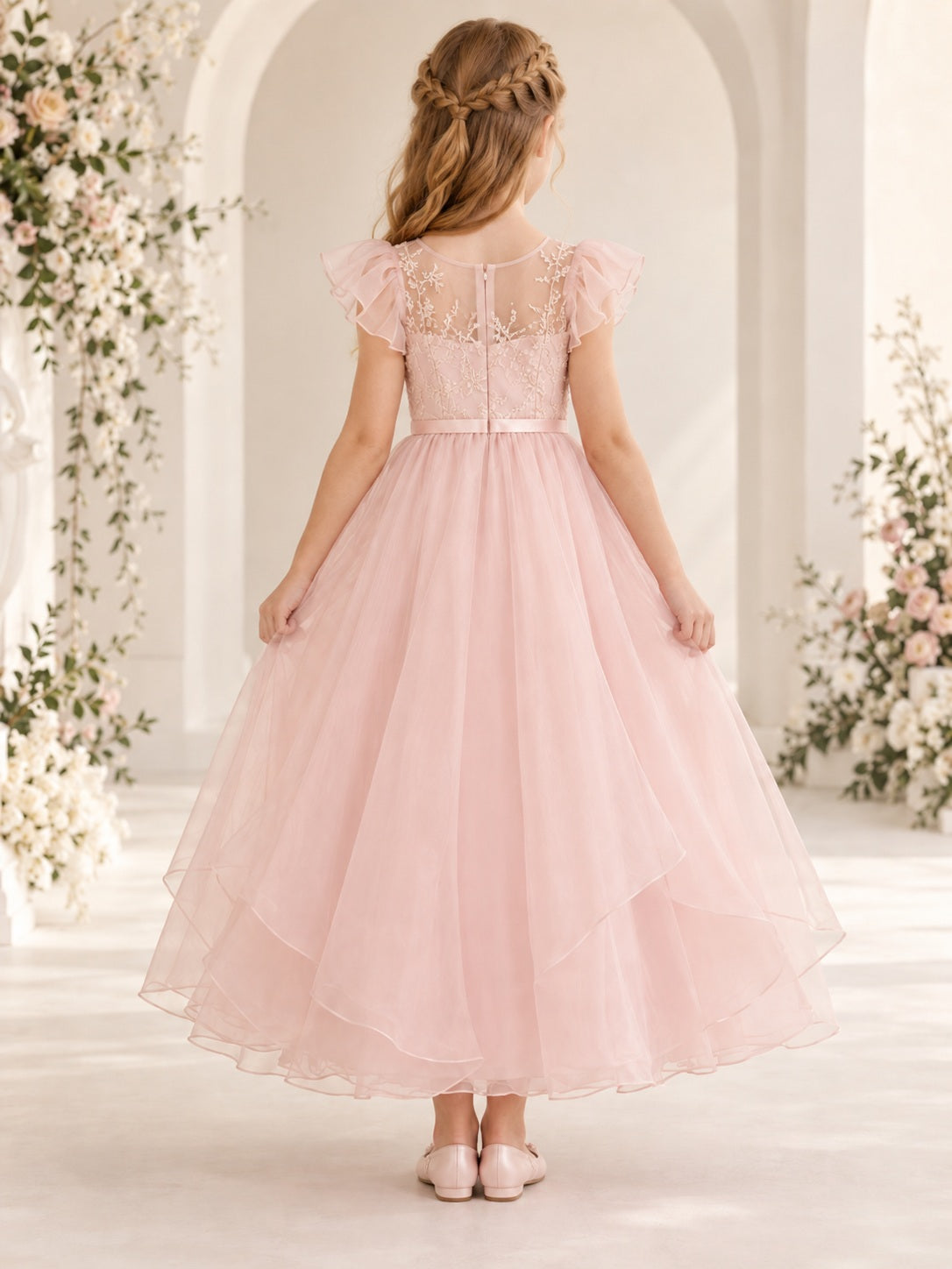 Pearl Pink Embroidered Illusion Flutter Sleeve Layered Organza Ankle-length Flower Girl Dress - view 2