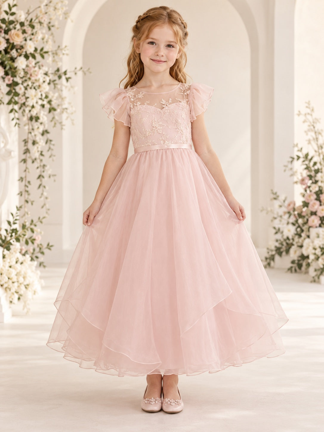 Pearl Pink Embroidered Illusion Flutter Sleeve Layered Organza Ankle-length Flower Girl Dress - view 1