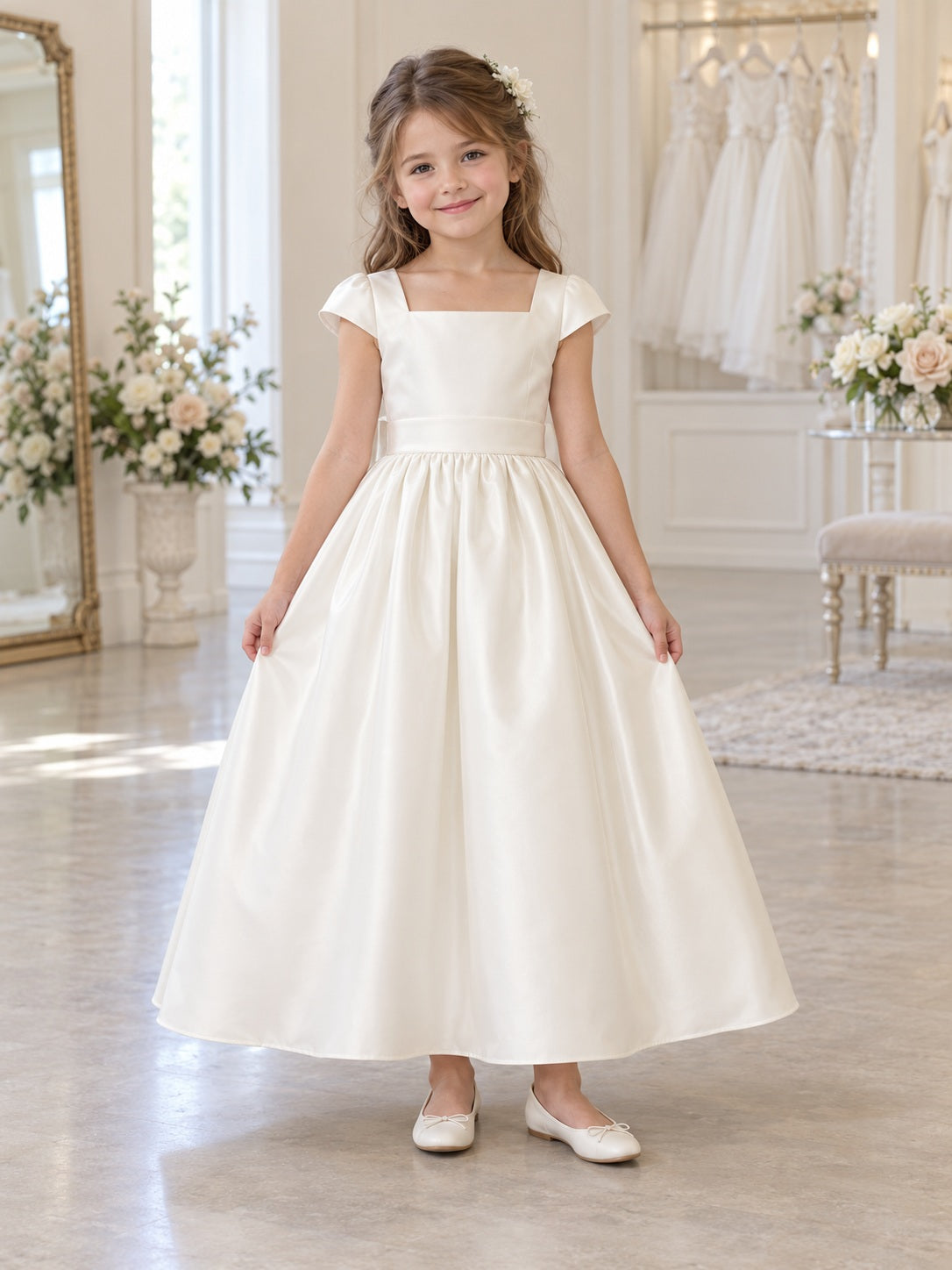 Simple Ivory Square Neck Cap Sleeve Satin Flower Girl Dress - view 1