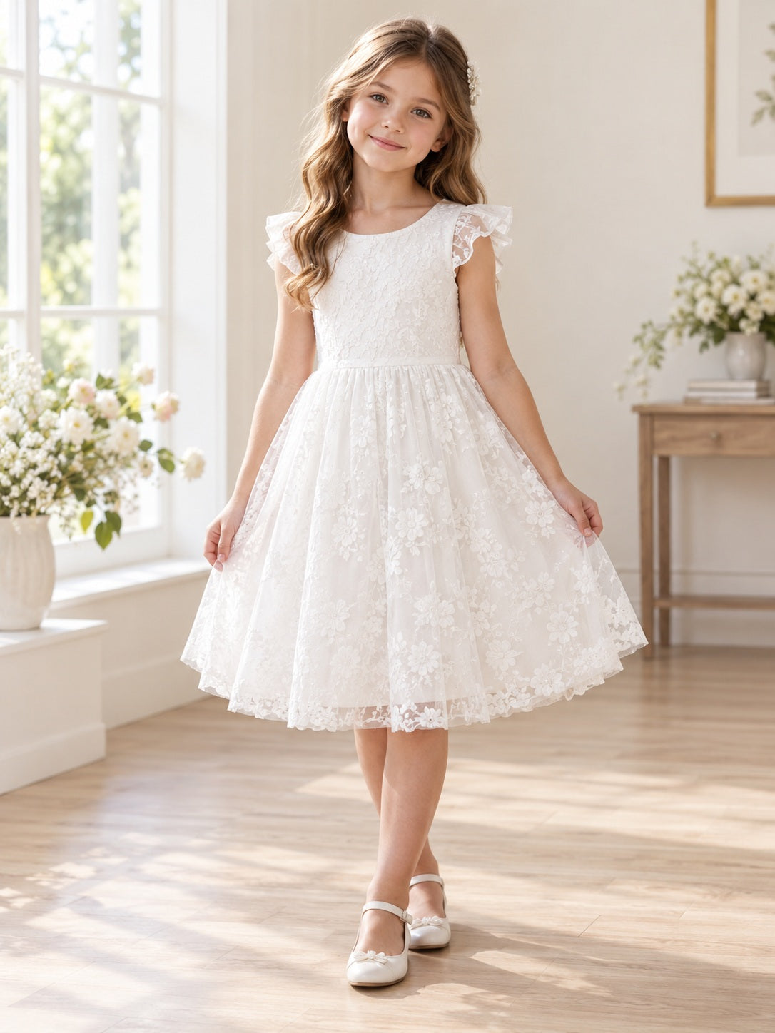 White Floral Lace Flutter Sleeve Knee Length Flower Girl Dress - view 1