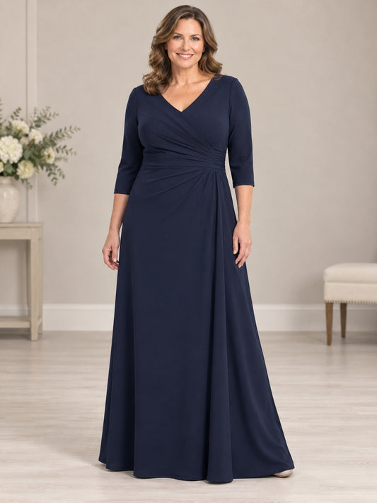 Robe Maman Grande Taille Modeste Bleue Marine Jupe Lisse Col en V