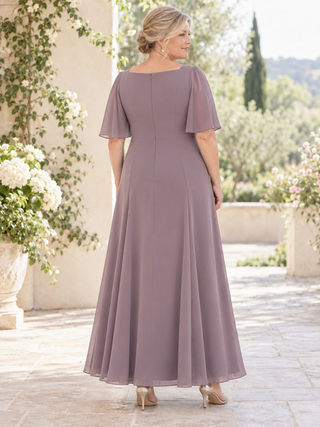 Robe Maman Grande Taille Modeste Encolure Carrée Vieux Rose pour Mariée Plus Âgée à Empiècements
