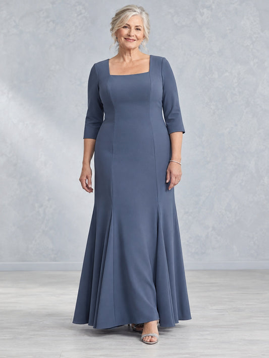 Robe mère bleue sirène pudique grande taille à encolure carrée évasée douce pour mariée plus âgée