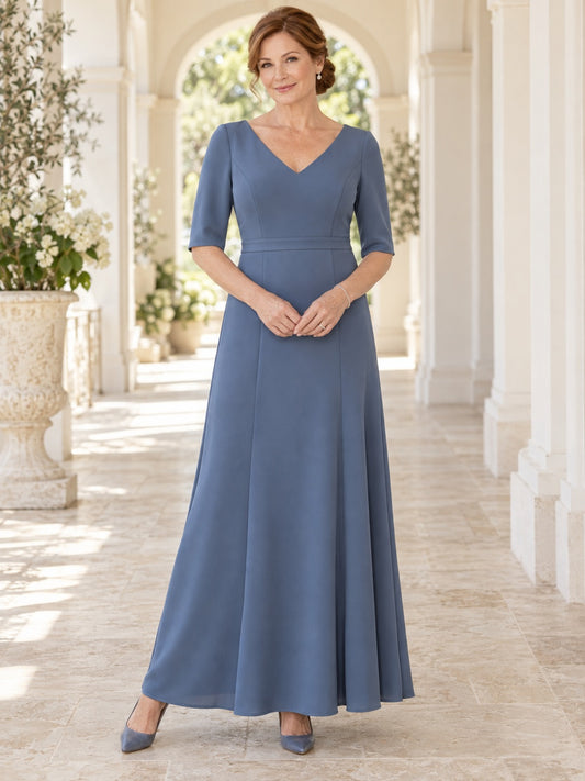 Vestido para madre de la novia o del novio de crepé en azul pizarra, línea A, escote en V, media manga y largo al tobillo