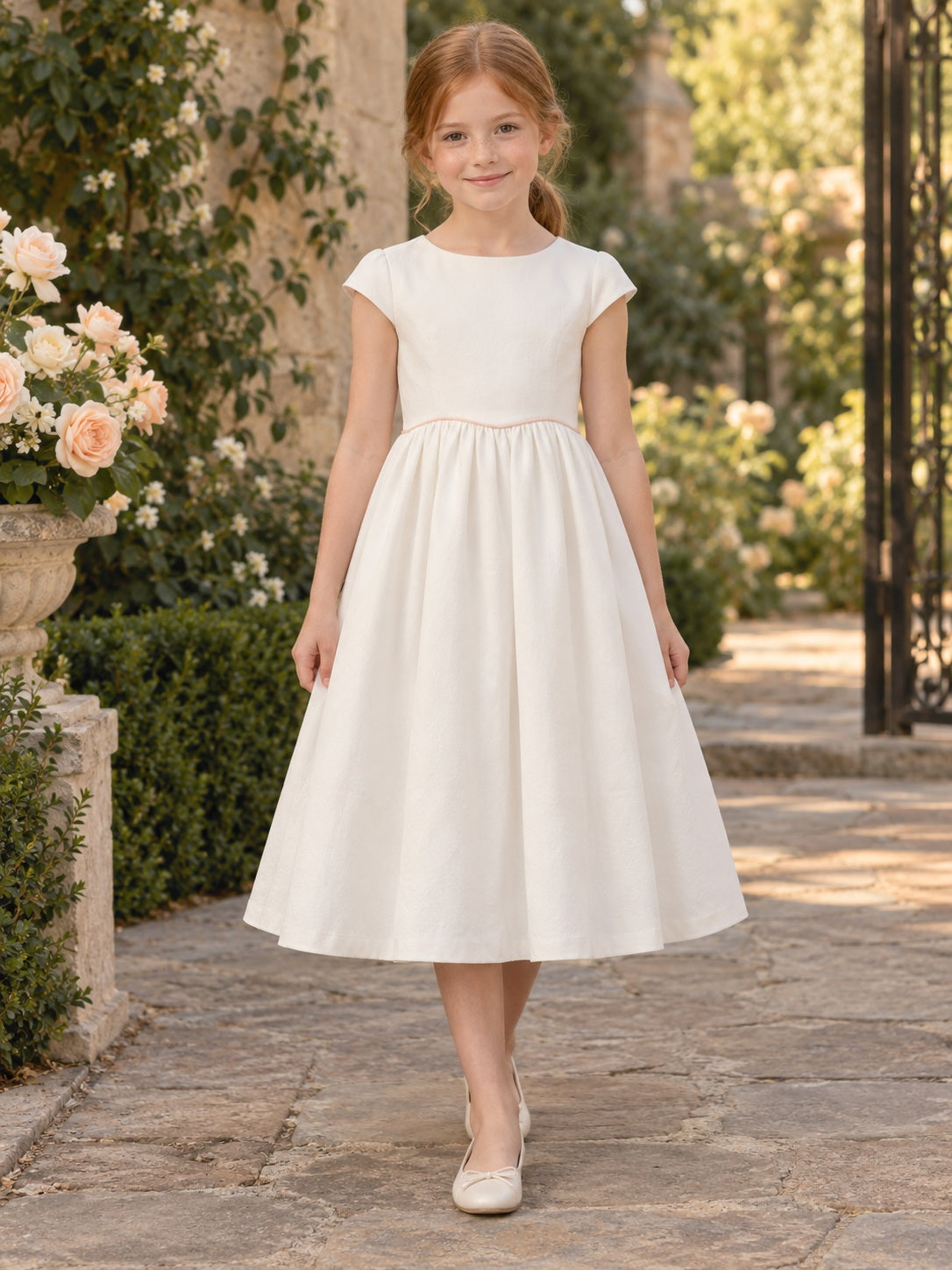 Modest Simple Ivory Tea-length Jewel Cap Sleeves Peach-Piped Curved Waist Gathered A-line Flowergirl Dress - view 1