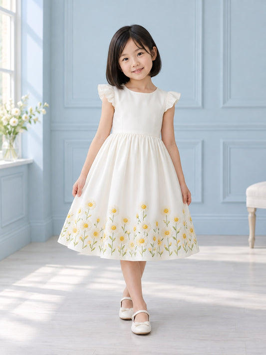 Robe de demoiselle d'honneur simple et pudique ivoire longueur thé à manches papillon, coupe trapèze froncée à imprimé petites marguerites, ornée d'un bijou compact