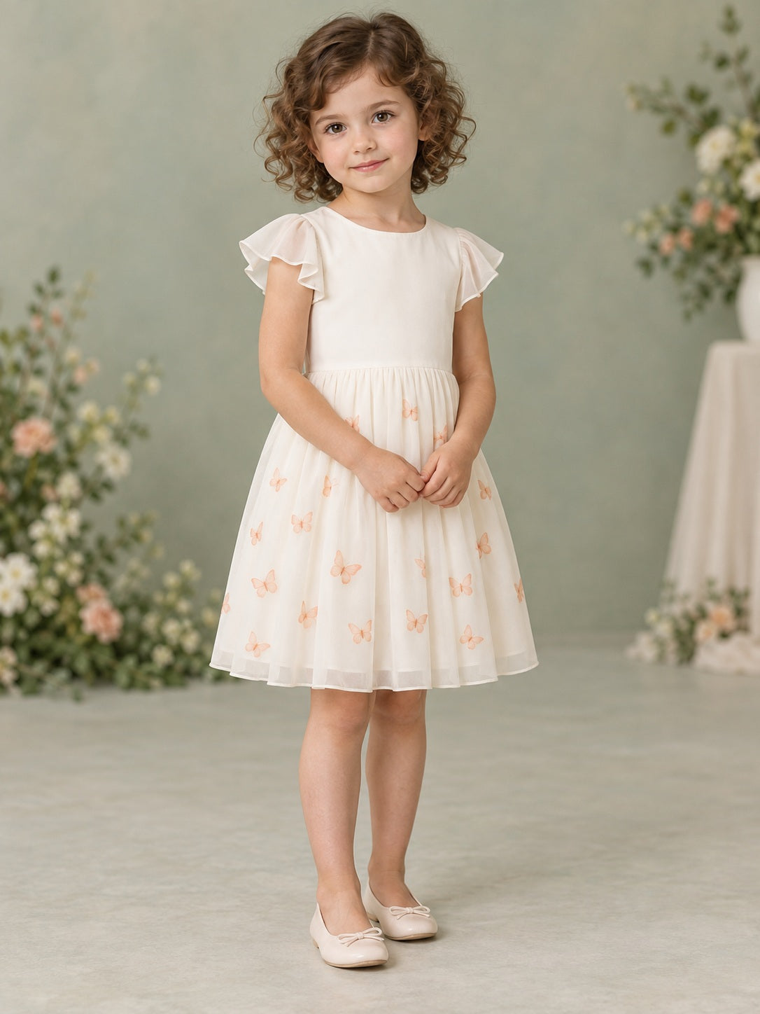 Modest Simple Ivory Knee-length Jewel Compact Flutter Sleeves Peach Butterfly-Print Gathered Chiffon A-line Flowergirl Dress - view 1