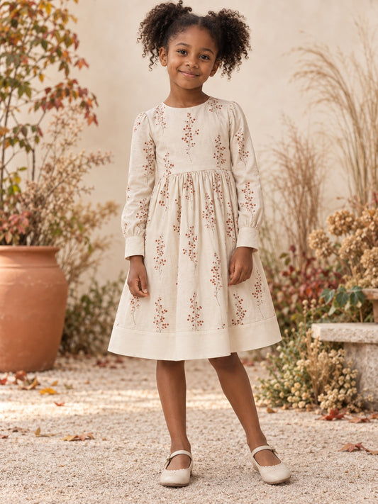 Modest Simple Long-Sleeve Cream Tea-length Jewel Cuffed Allover Berry-Print Gathered Hem-Band A-line Flowergirl Dress - view 1