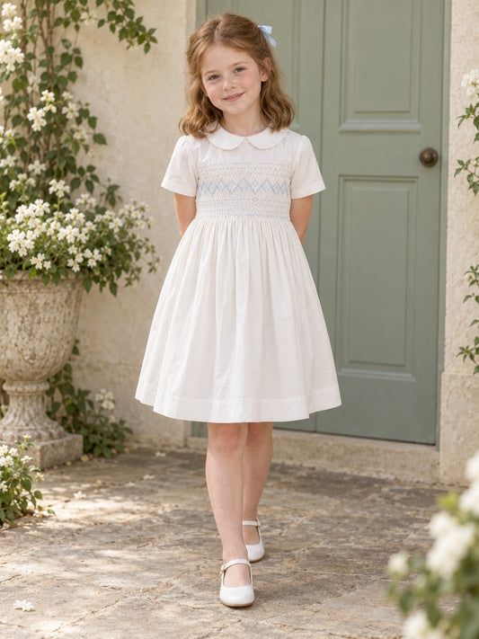 Simple Modest White Knee-length Peter-Pan Collar Short Cuffed Sleeves Blue-Diamond Smocked Gathered Flowergirl Dress - view 1