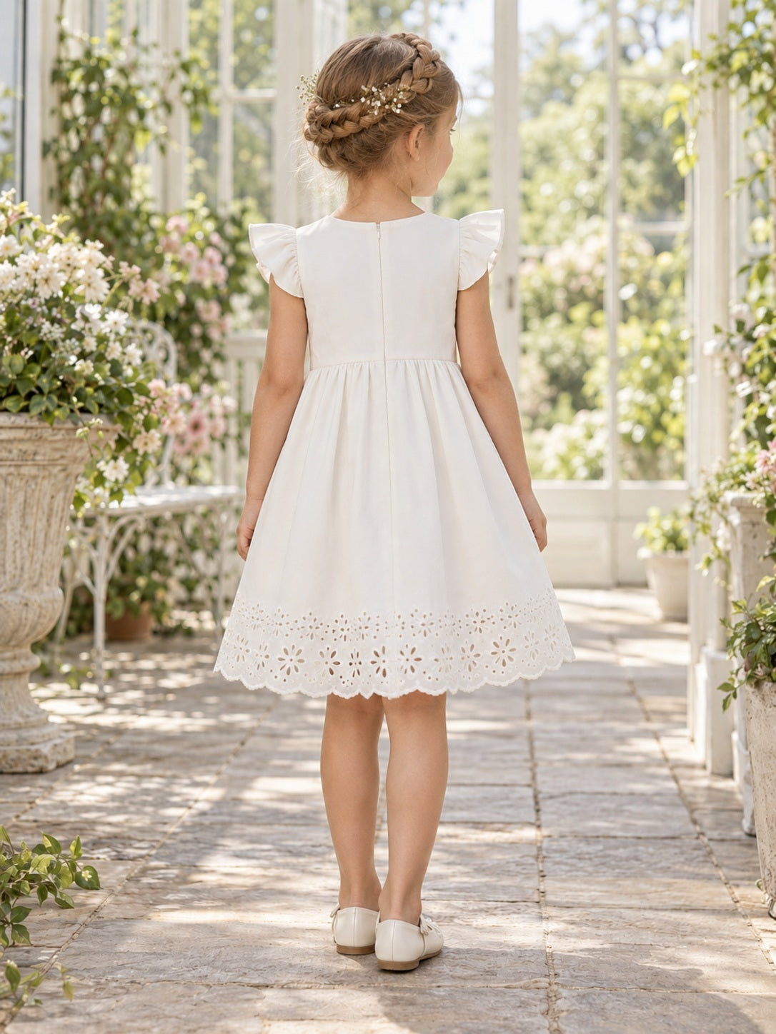 Vestido de niña de arras de tejido de calada en marfil, línea A, escote redondo cerrado, manga corta y largo a la rodilla