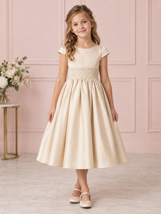 Vintage Modest Champagne Tea-length Scoop-Neck Plain-Cap-Sleeve Deep Diamond-Smocked Waist Broad-Gathered Satin Button-Back Flowergirl Dress - view 1