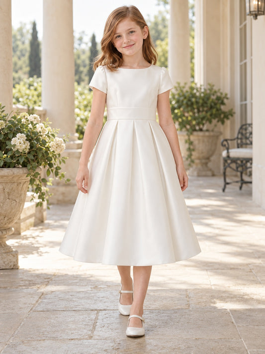 Vestido de niña de arras de satén en marfil, línea A, escote redondo, manga corta y largo a media pierna