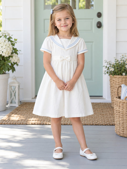 Vintage Simple White Knee Length Pointed Sailor Collar Ivory Waist Bow Flower Girl Dress - view 1