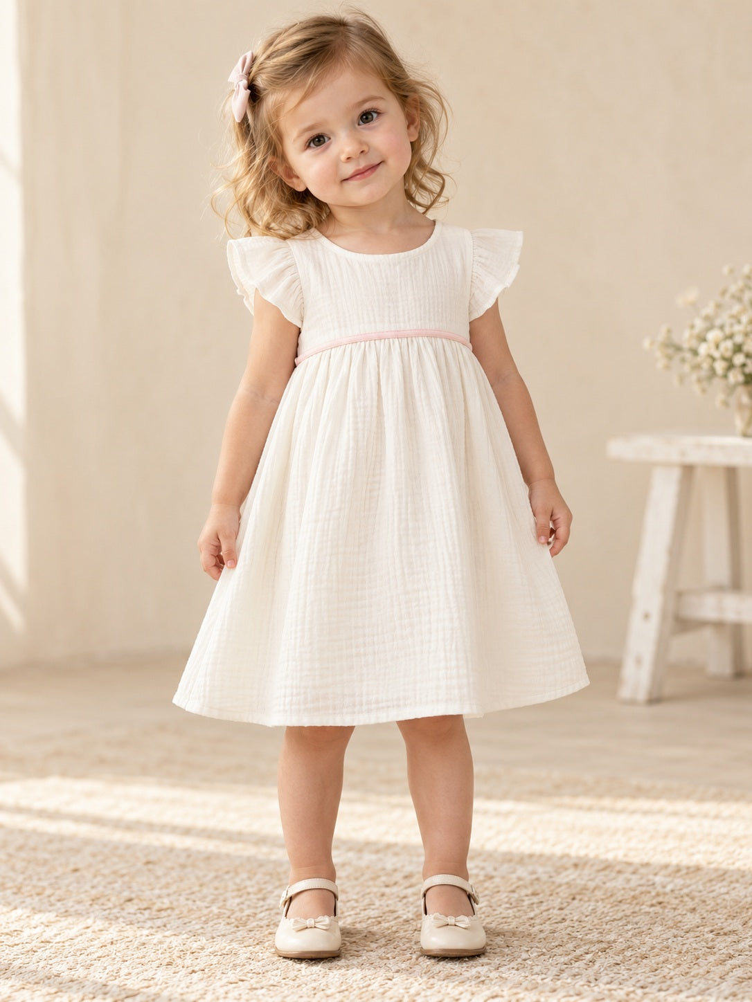 Modest Ivory Knee Length Empire Broad Flutter Sleeve Pink Edged Flower Girl Dress - view 1