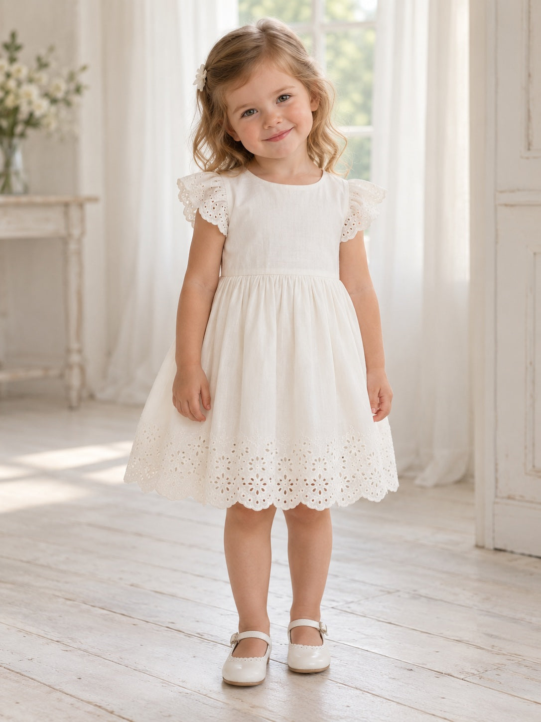 Modest Ivory Knee Length Compact Scalloped Sleeve Fine Eyelet Banded Flower Girl Dress - view 1