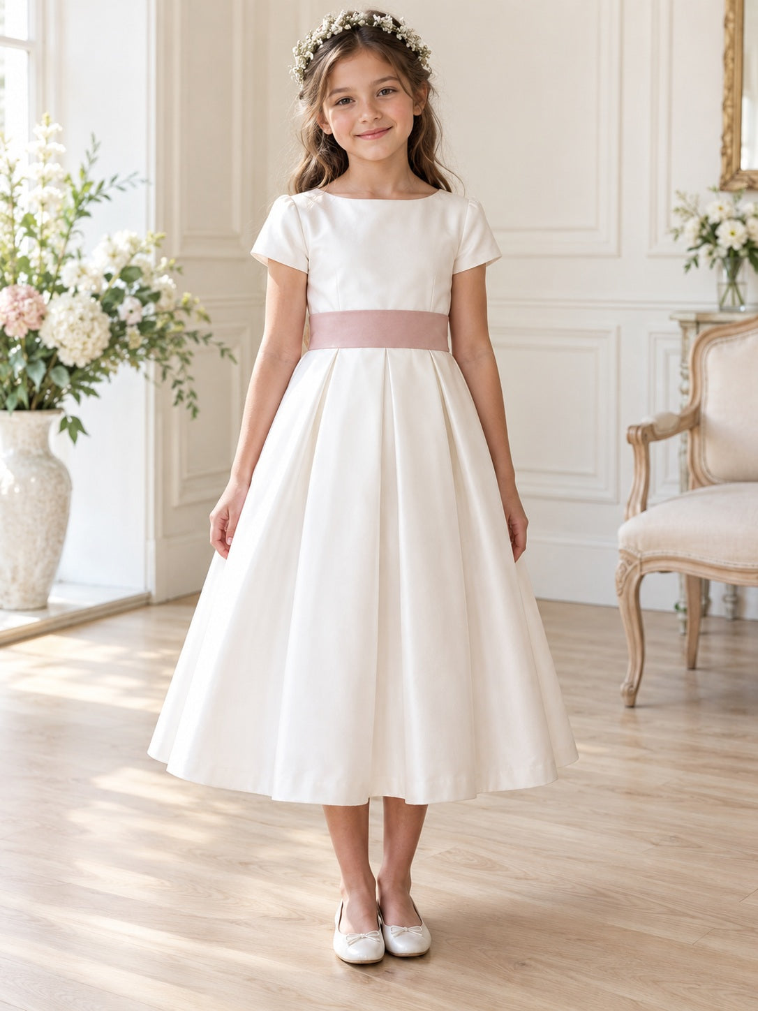 Vestido de niña de arras de satén en blanco, línea A, escote barco, manga corta y largo a media pierna